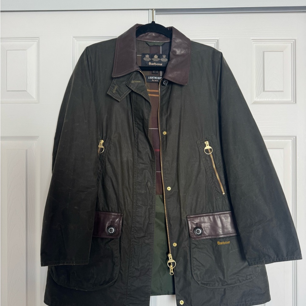 Barbour Dark Green Waxed Coat with Brown Trim